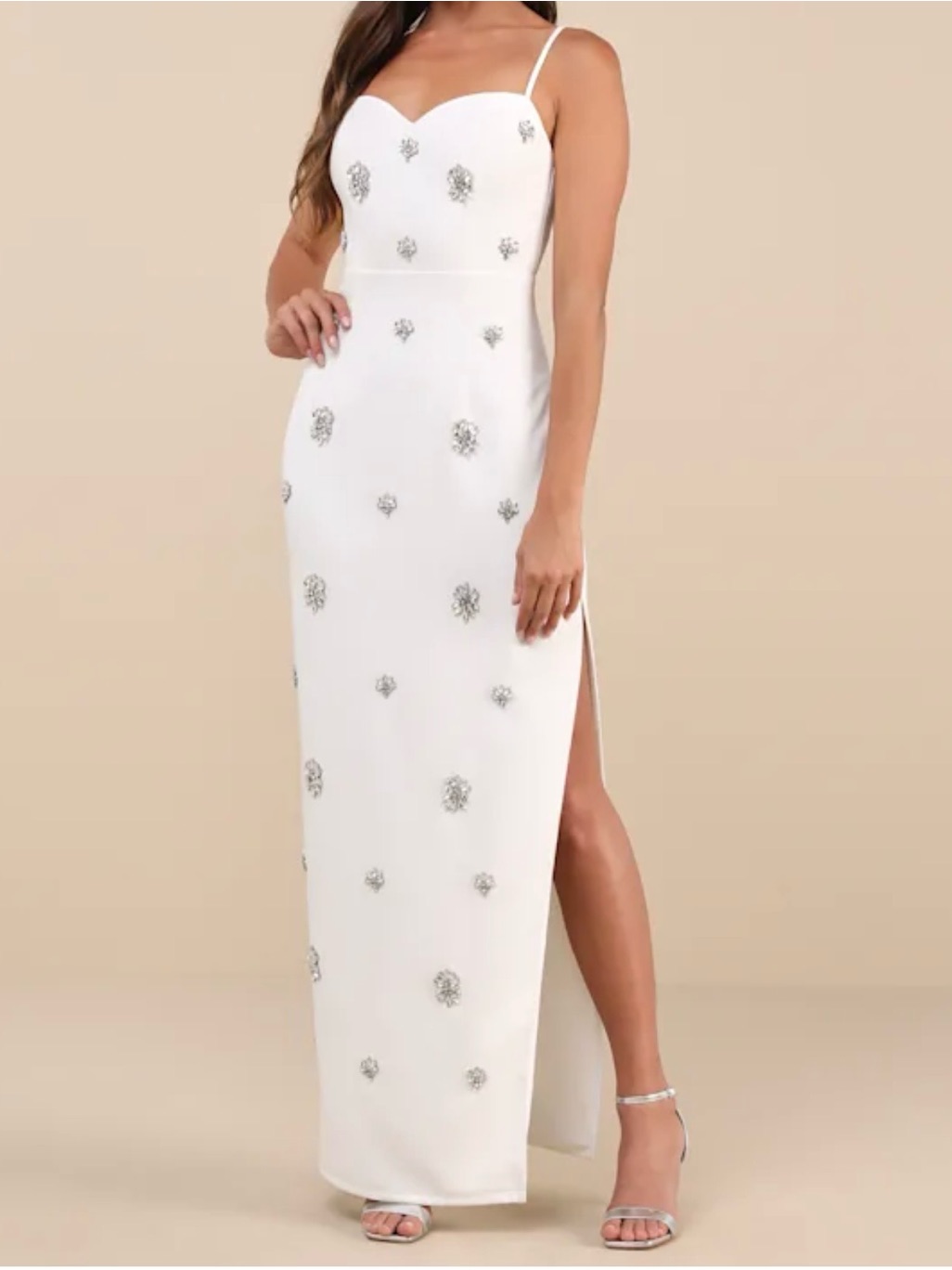 Lulu's Completely Regal White Rhinestone Sleeveless Column Maxi Dress
